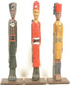 THREE LARGE MID CENTURY INDIAN SOLDIERS WOODEN CARVED FIGURINES