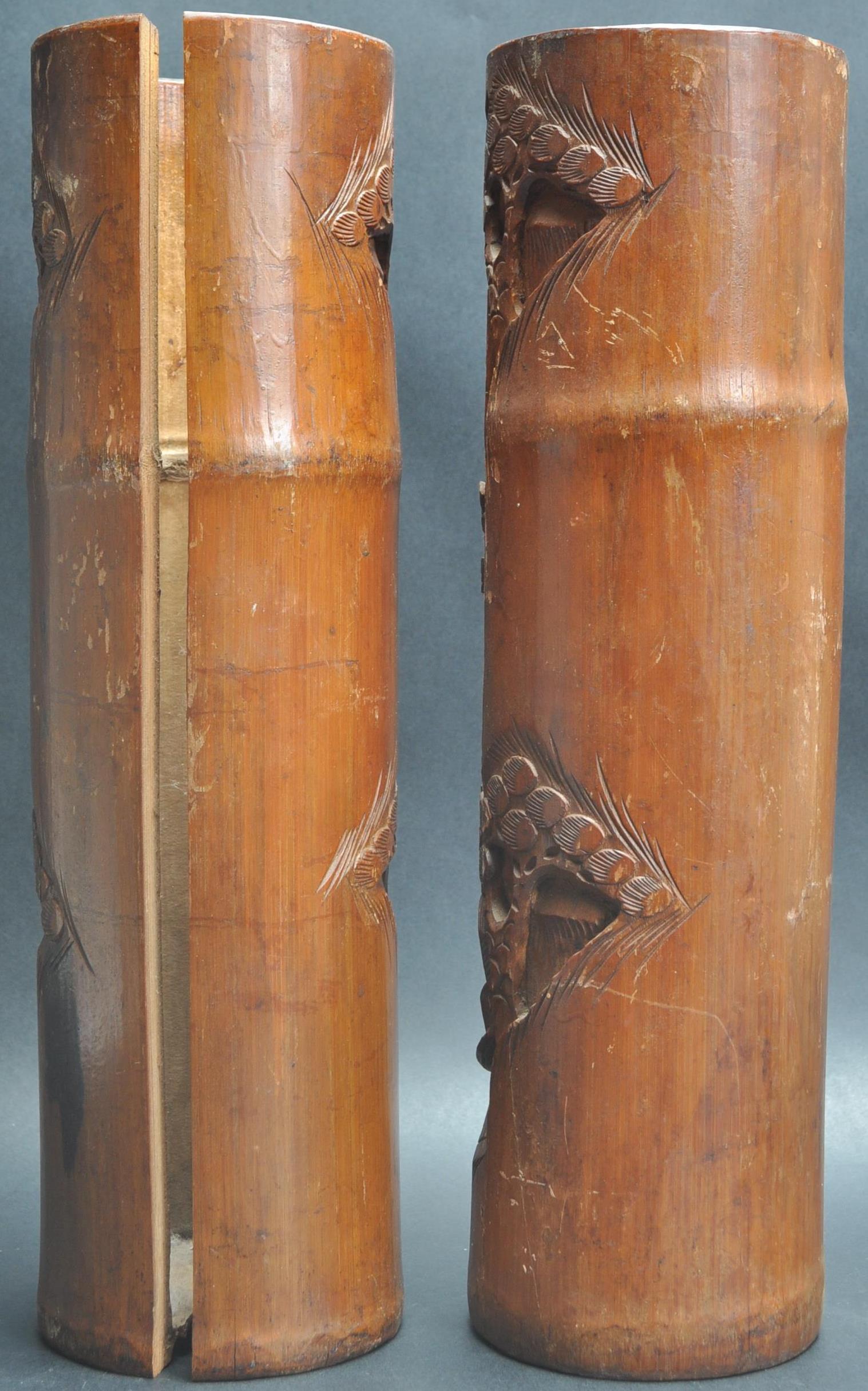 TWO LARGE CHINESE ORIENTAL BAMBOO BRUSH POTS - Image 5 of 7