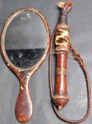 19TH CENTURY VICTORIAN TORTOISE SHELL AND MOTHER OF PEARL MIRROR AND LEATHER WHIP