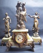 EARLY 20TH CENTURY GREEN MARBLE GARNITURE CLOCK WITH STATUE AFTER AUGUST MOREAU