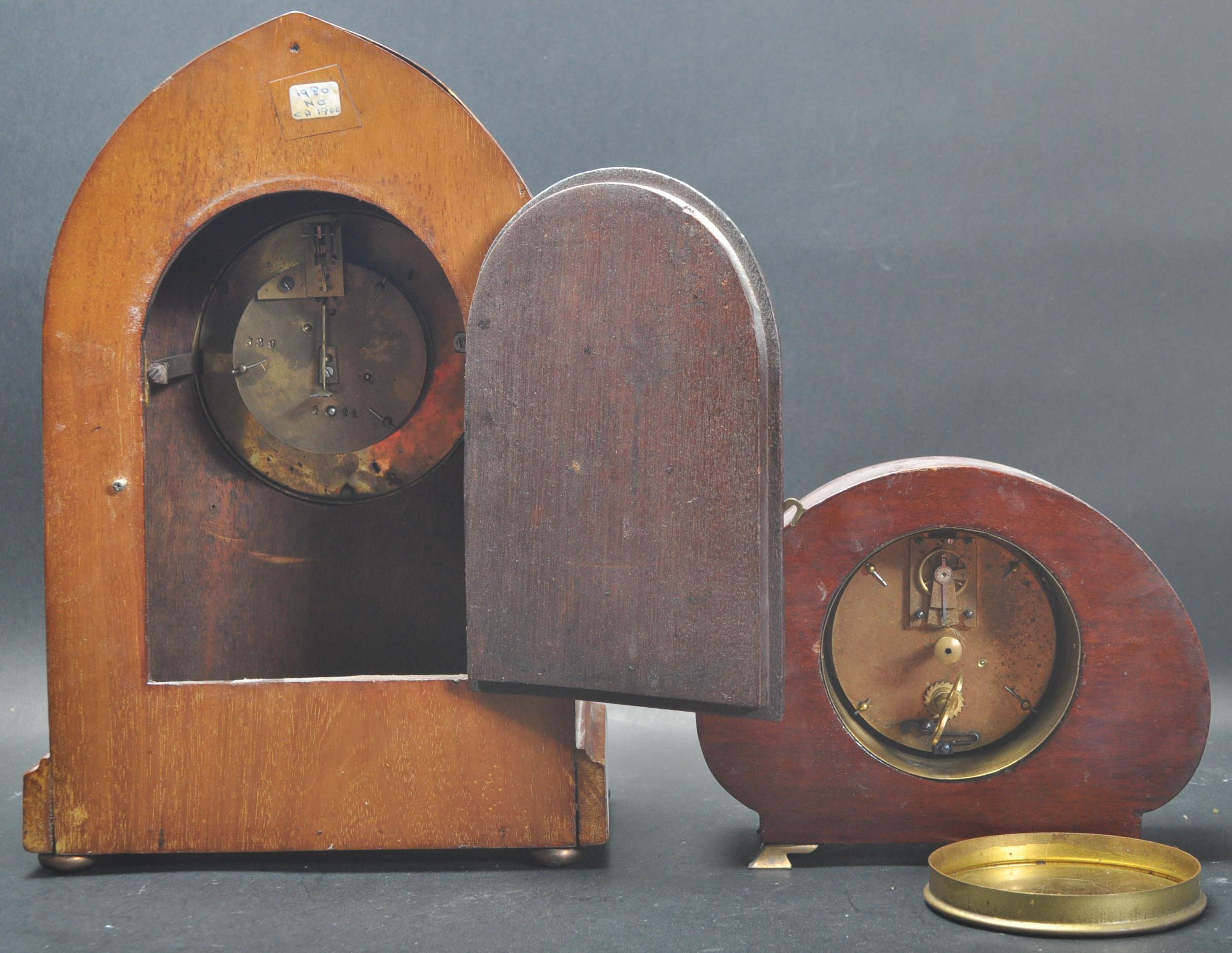 EDWARDIAN GOTHIC OAK CASED 8 DAY MANTEL CLOCK TOGETHER ANOTHER - Image 3 of 6