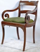 EARLY 19TH CENTURY REGENCY MAHOGANY SCROLLED ARM CHAIR