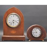 EDWARDIAN GOTHIC OAK CASED 8 DAY MANTEL CLOCK TOGETHER ANOTHER