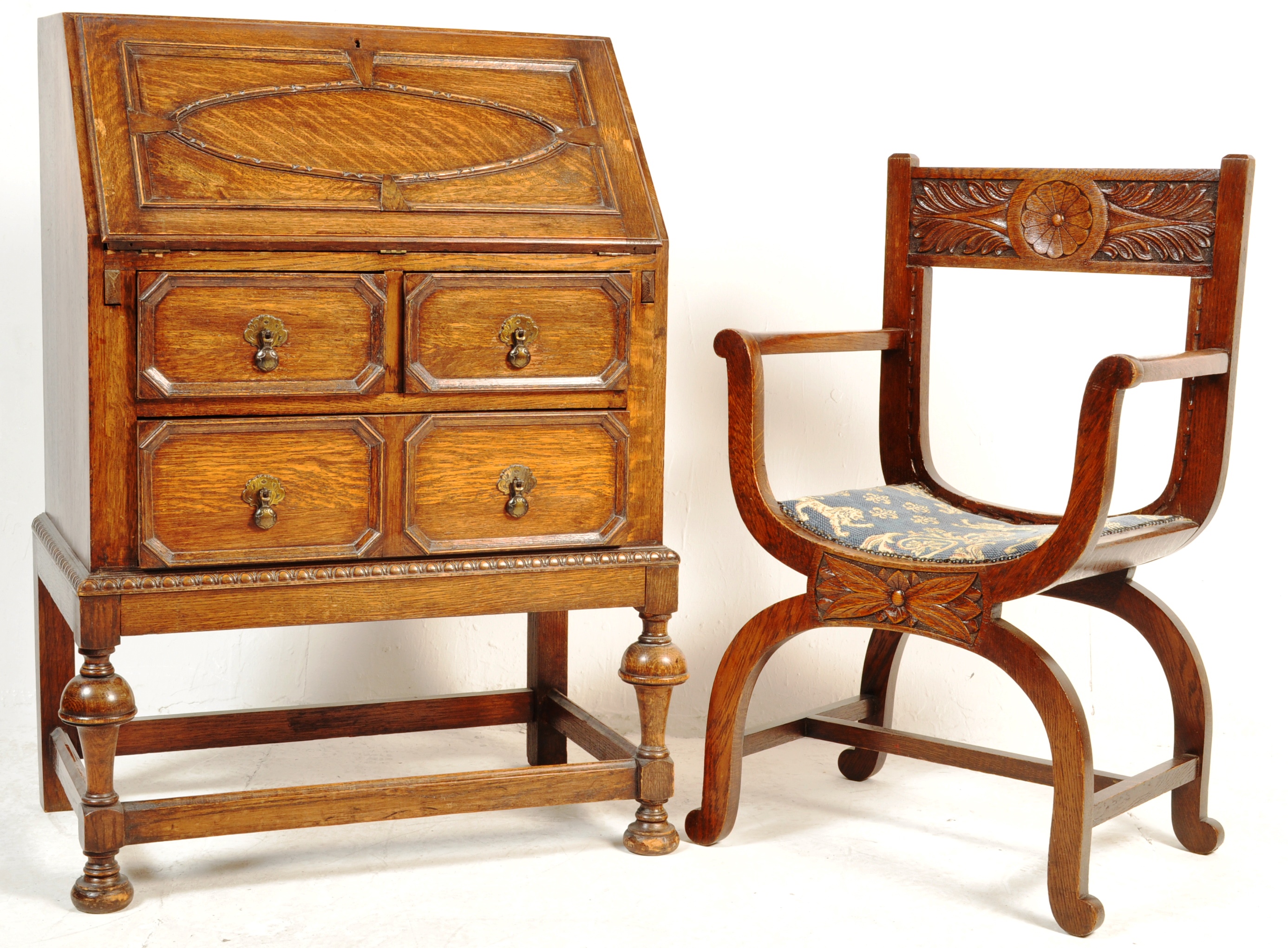 EARLY 20TH CENTURY 1920S BUREAU AND A THRONE CHAIR