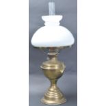 VICTORIAN 19TH CENTURY BRASS OIL LAMP WITH MILK GLASS WHITE SHADE.