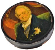 VICTORIAN PAPER MACHE SNUFF POT PAINTED WITH KING WILLIAM IV