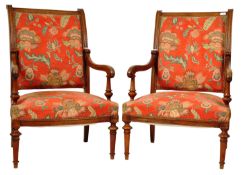 PAIR OF 19TH CARVED WALNUT FRAME ARMCHAIRS