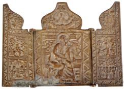 19TH CENTURY RUSSIAN BRASS TRAVELLER'S TRIPTYCH ICON