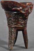 EARLY 20TH CENTURY CHINESE CARVED RHINO HORN LIBATION CUP JUE VESSEL
