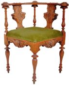 ITALIANATE 19TH CENTURY HEAVILY CARVED WALNUT CORNER CHAIR