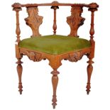 ITALIANATE 19TH CENTURY HEAVILY CARVED WALNUT CORNER CHAIR