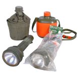 COLLECTION OF VINTAGE MILITARY DRINKING CANTEEN AND TORCHES