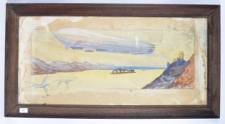 ERNEST MONTAUT - AIRSHIP / ZEPPELIN OVER WATER - COLOURED LITHOGRAPH PRINT