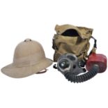 SECOND WORLD WAR PERIOD BRITISH TROPICAL PITH HELMET & RESPIRATOR