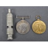 WWI FIRST WORLD WAR MEDAL PAIR & WHISTLE