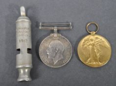 WWI FIRST WORLD WAR MEDAL PAIR & WHISTLE