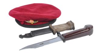 20TH CENTURY AKM RIFLE BAYONET AND IRAQI PARATROOPER BERET