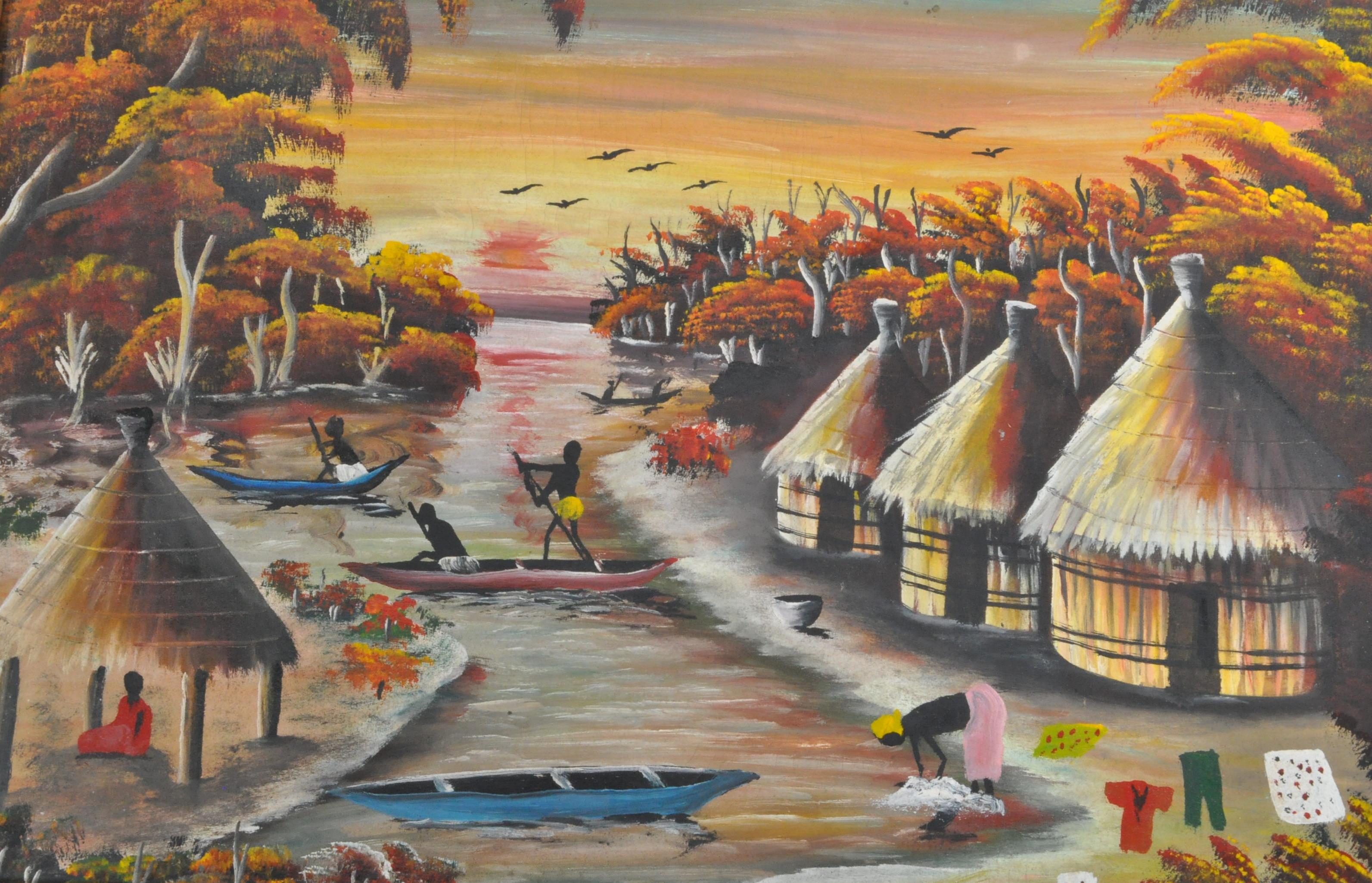 SET OF THREE AFRICAN OIL ON CANVAS TRIBAL VILLAGE PAINTINGS - Image 5 of 7