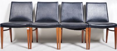 MATCHING SET OF EIGHT TEAK AND BLACK LEATHER DINING CHAIRS