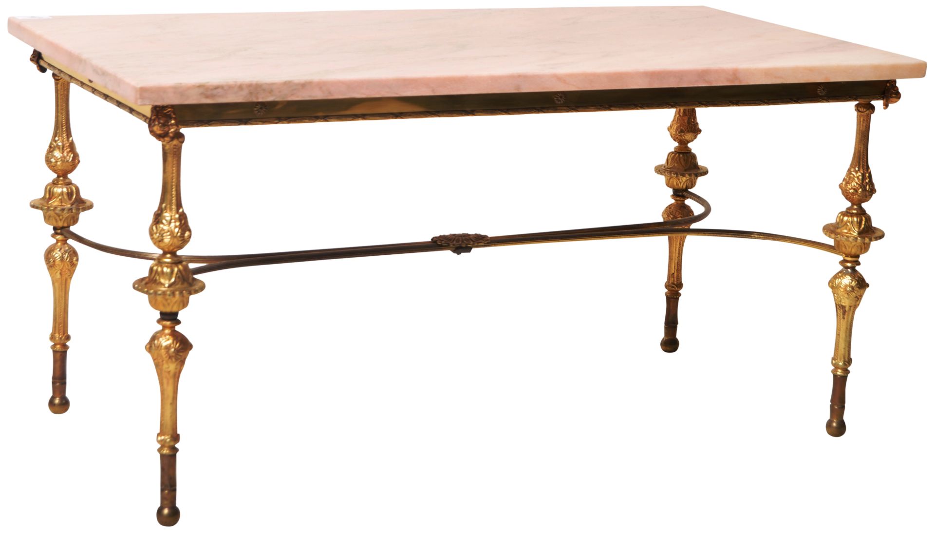 MID 20TH CENTURY HOLLYWOOD REGENCY PINK MARBLE AND BRASS COFFEE TABLE