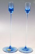 RONALD WILLSON FOR WEDGWOOD - PAIR OF BLUE GLASS CANDLESTICKS