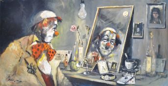 CAVAN CORRIGAN (1942 - ) MID CENTURY MIXED MEDIA CLOWN PAINTING