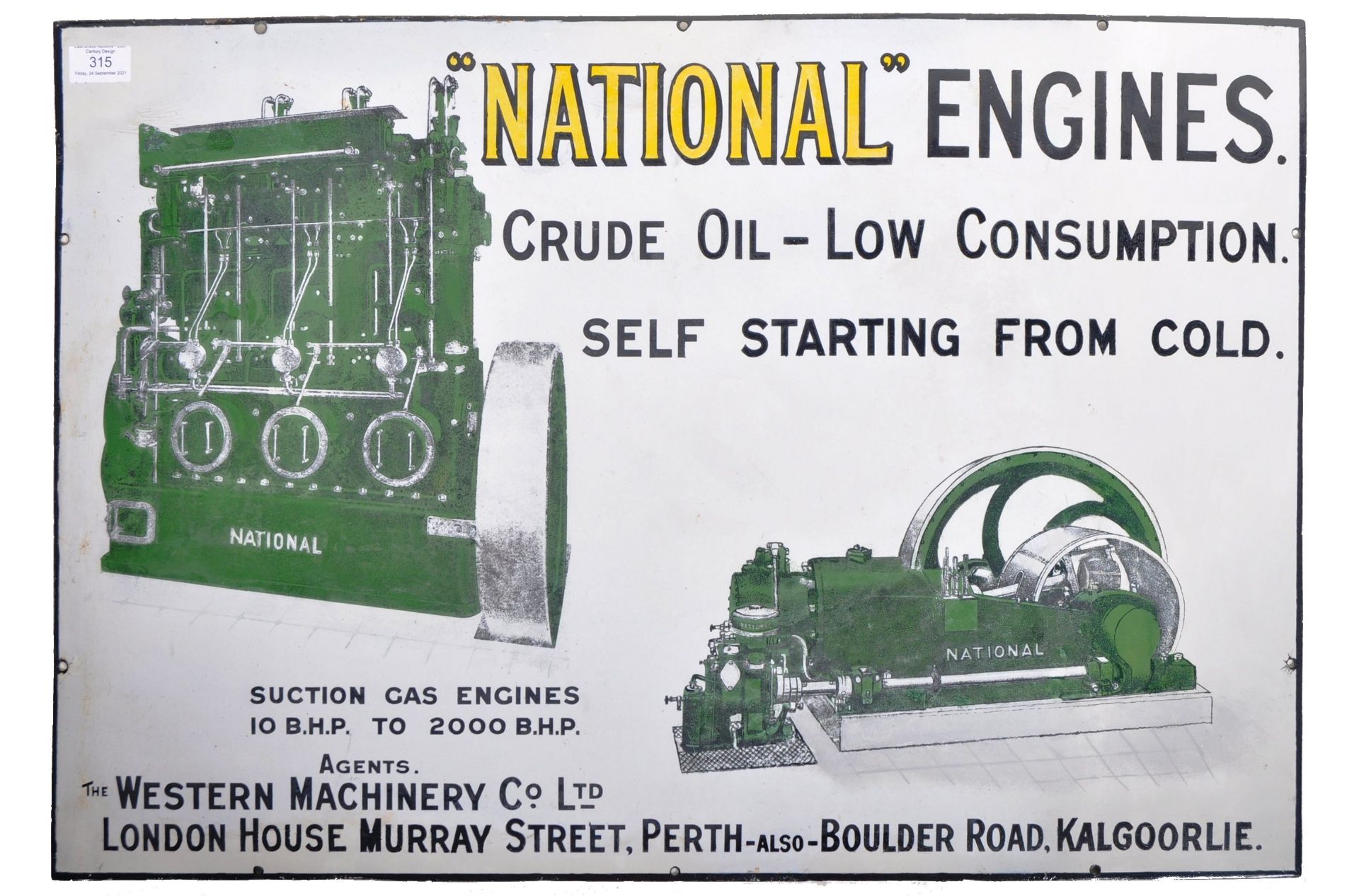 "NATIONAL" ENGINES - EARLY 20TH ADVERTISING ENAMEL SIGN
