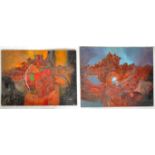 PJ LOVEDAY - TWO RETRO TEXTURED ABSTRACT ACRYLIC PAINTINGS