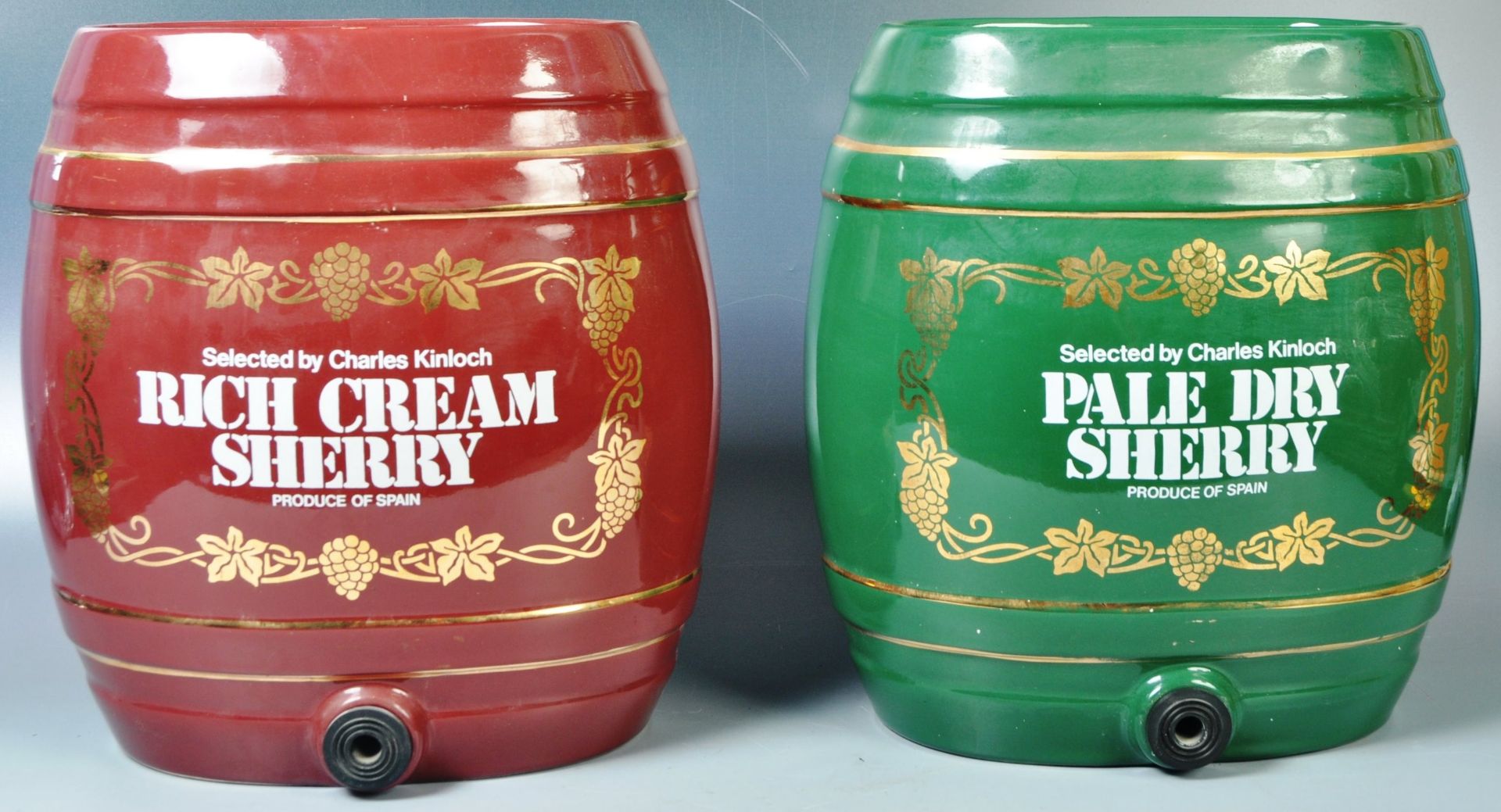 PAIR OF CERAMIC PAINTED SHERRY HAND PAINTED BARRELS