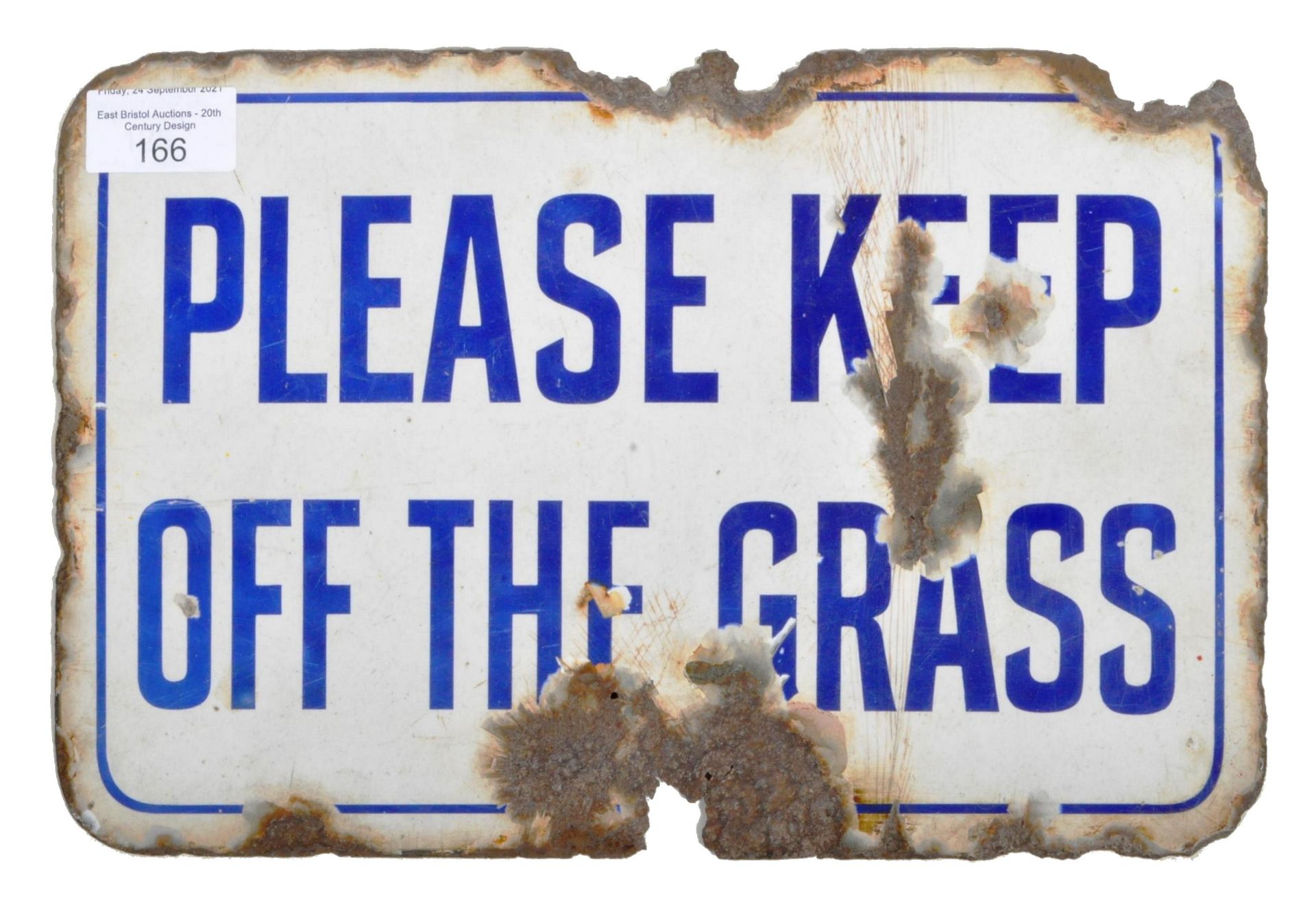 KEEP OFF THE GRASS VINTAGE BLUE AND WHITE ENAMEL SIGN - Image 6 of 9