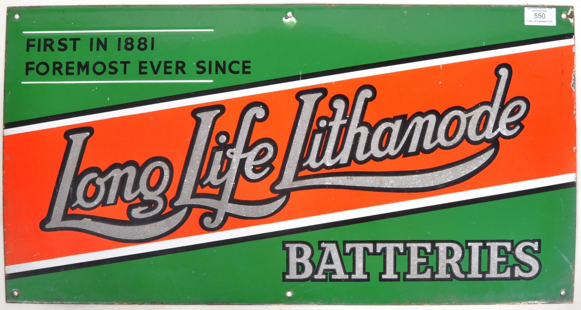 LONG LIFE LITHANODE BATTERIES ENAMEL ADVERTISING SIGN