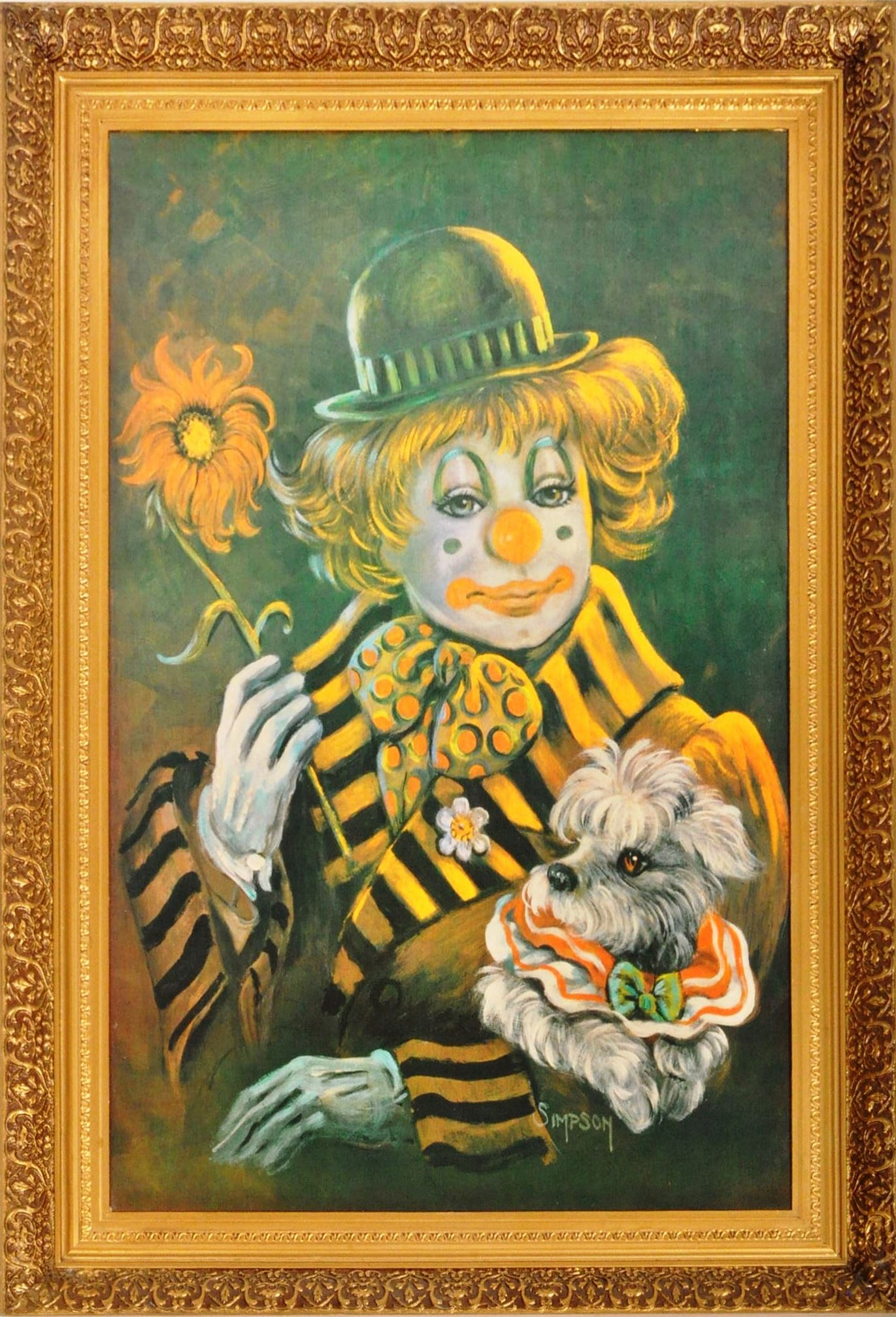 MID CENTURY CLOWN PRINT ON CARD SET WITHIN A BRASS EFFECT FRAME