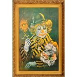 MID CENTURY CLOWN PRINT ON CARD SET WITHIN A BRASS EFFECT FRAME
