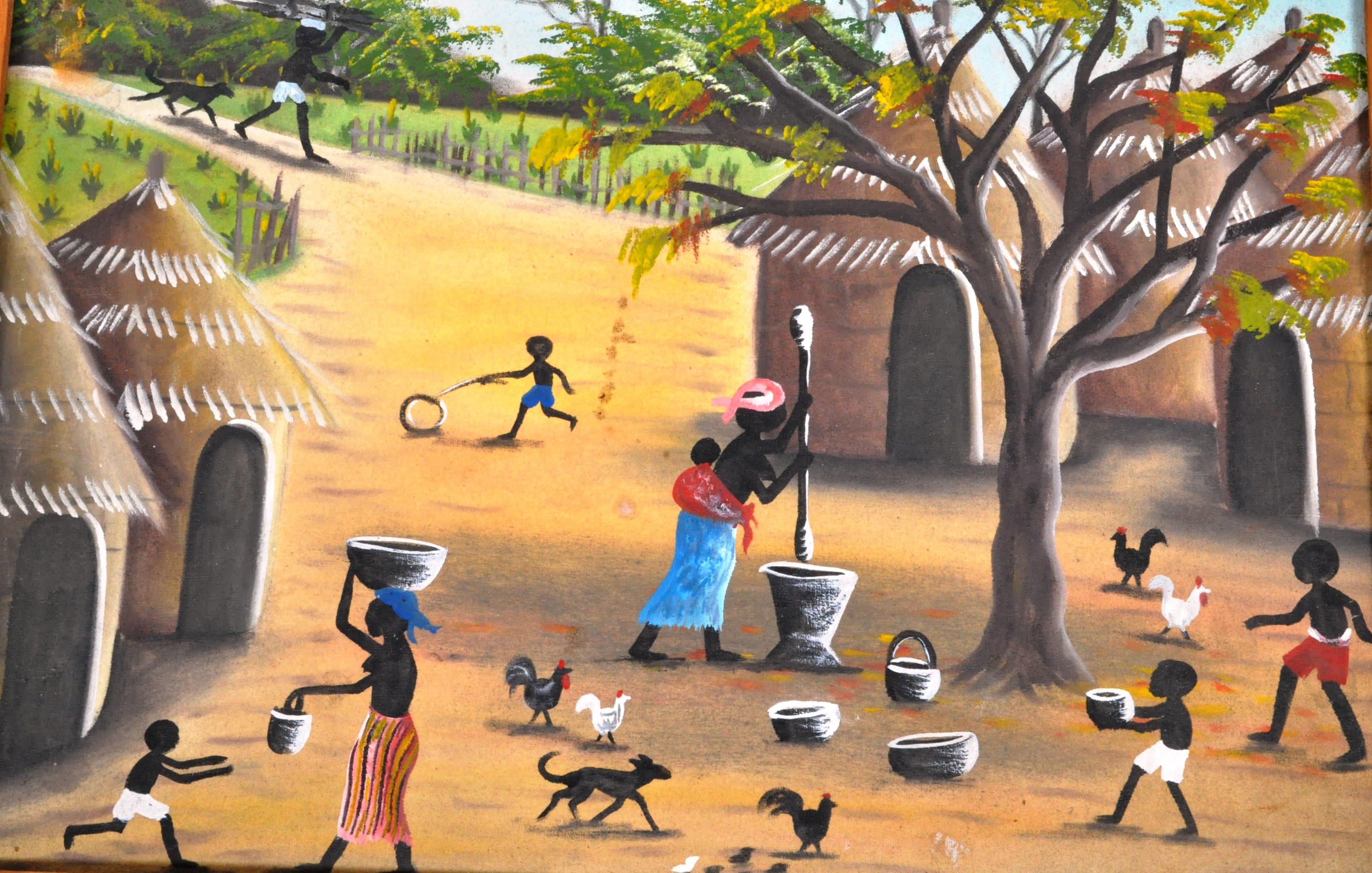 SET OF THREE AFRICAN OIL ON CANVAS TRIBAL VILLAGE PAINTINGS - Image 3 of 7