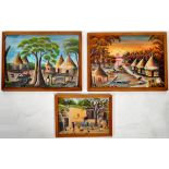 SET OF THREE AFRICAN OIL ON CANVAS TRIBAL VILLAGE PAINTINGS