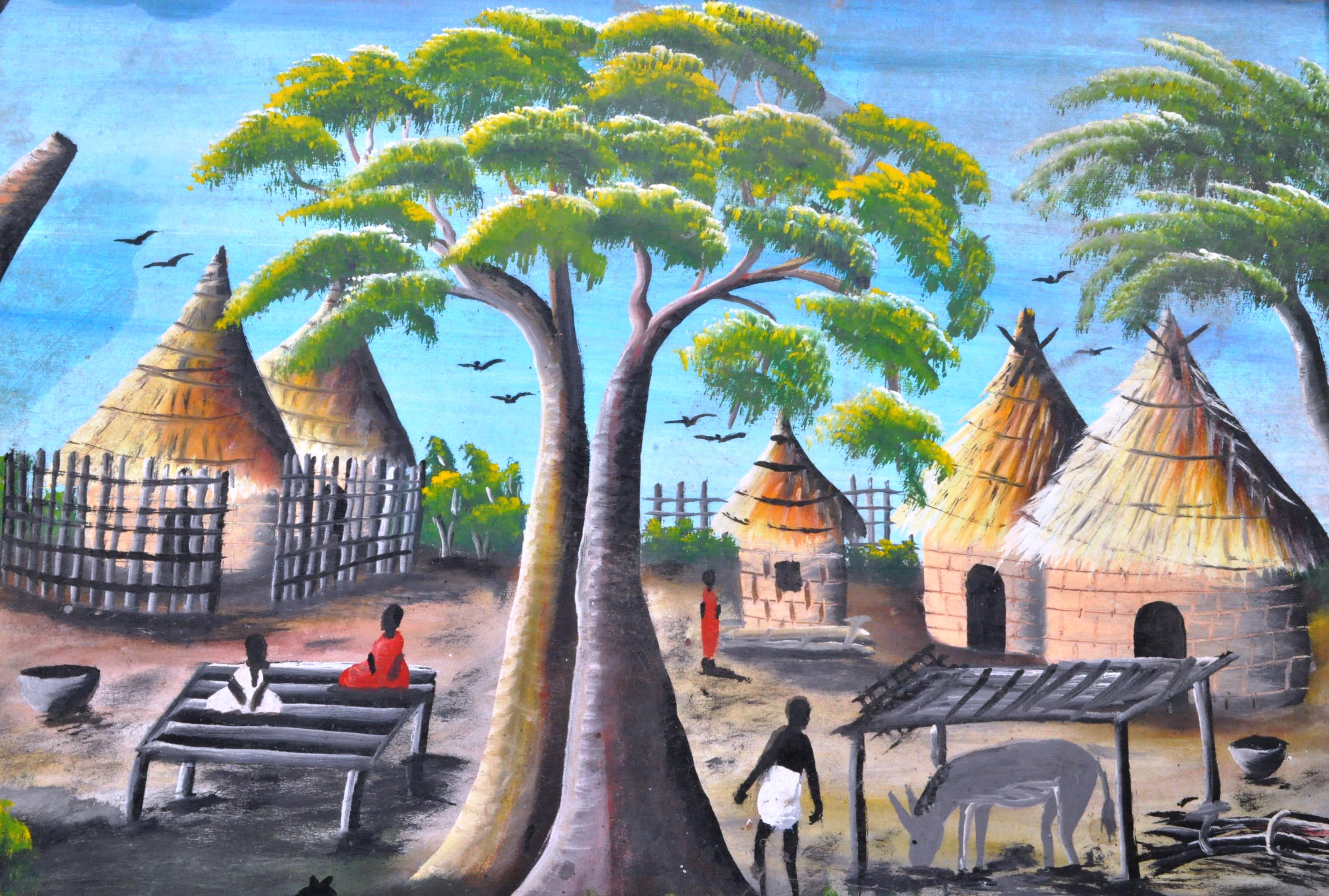 SET OF THREE AFRICAN OIL ON CANVAS TRIBAL VILLAGE PAINTINGS - Image 4 of 7