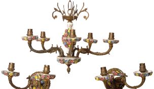 MID CENTURY SPANISH BRASS & CERAMIC FIVE ARM CHANDELIER AND SCONCES