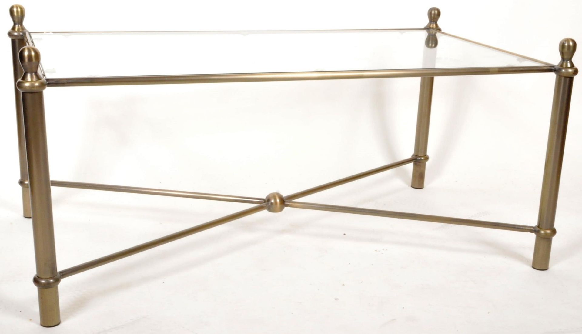 1980'S BRASS EFFECT AND GLASS TOPPED COFFEE TABLE