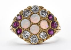 18CT GOLD OPAL DIAMOND & RUBY RING