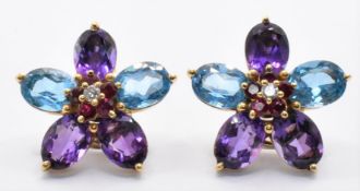 18CT GOLD TOPAZ AMETHYST DIAMOND CLUSTER EARRINGS