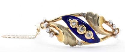 14CT GOLD DIAMOND ENAMEL AND HALF PEARL BANGLE