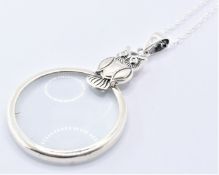 925 SILVER MAGINFYING GLASS OWL PENDANT NECKLACE.