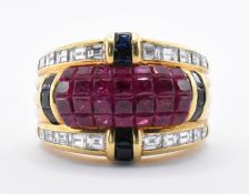 18CT GOLD RUBY DIAMOND & SAPPHIRE RING