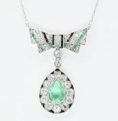 1930'S ART DECO PLATINUM EMERALD AND DIAMOND PENDANT NECKLACE