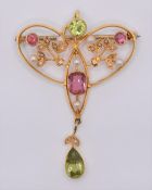 ART NOUVEAU 15CT GOLD PERIDOT & TOURMALINE BROOCH PIN