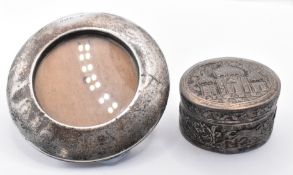 EARLY 20TH CENTURY SILVER PHOTO FRAME AND CONINENTAL SILVER LIDDED POT.