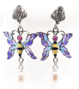 PAIR OF 925 SILVER PLIQUE A JOUR BUTTERFLY DROP EARRINGS.