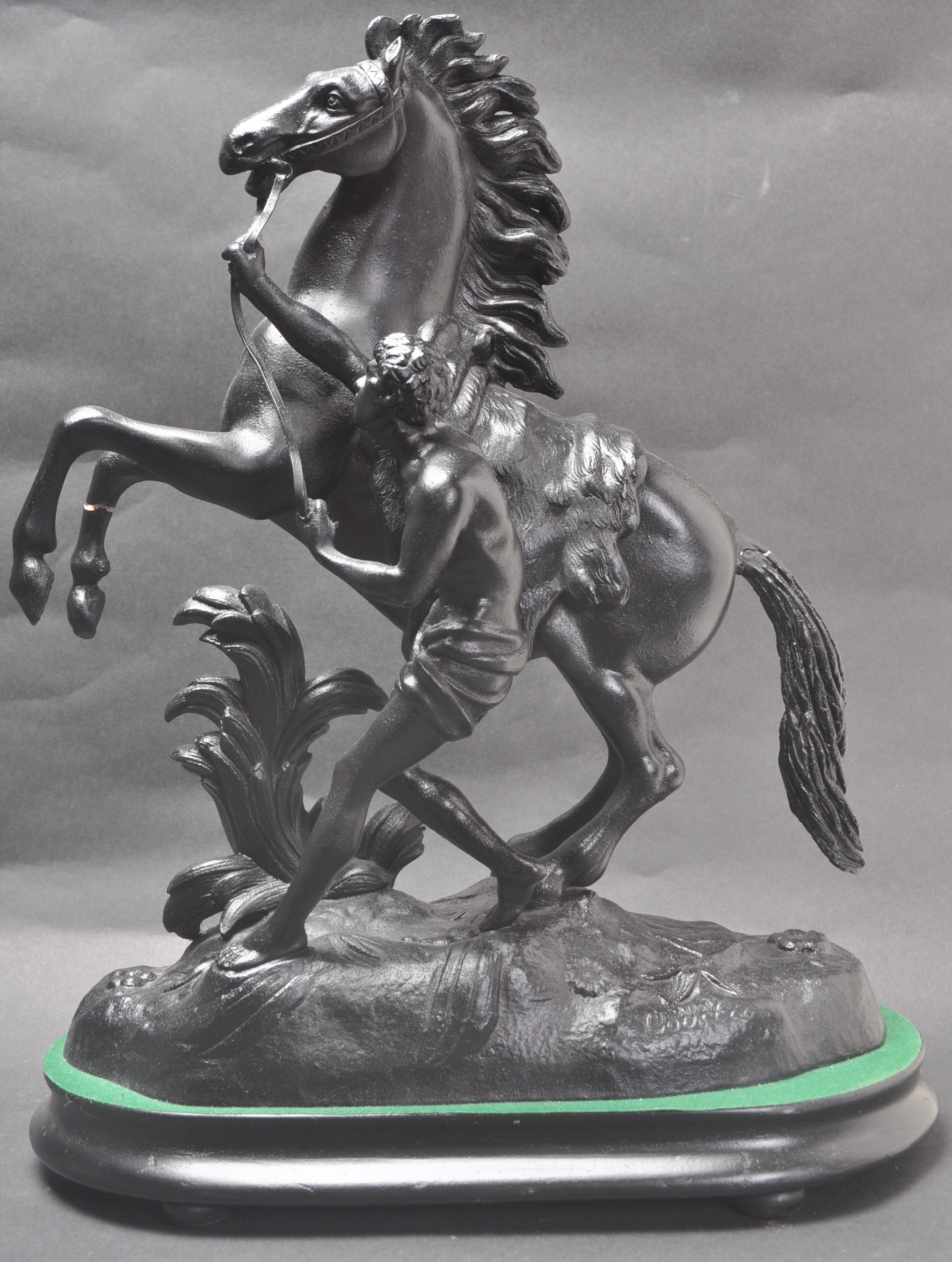 20TH CENTURY VINTAGE SPELTER FIGURINE OF A YOUTH CONTROLLING A REARING HORSE