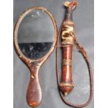 19TH CENTURY VICTORIAN TORTOISE SHELL AND MOTHER OF PEARL MIRROR AND LEATHER WHIP