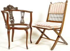 LATE 19TH CENTURY VICTORIAN MAHOGANY CORNER CHAIR AND A CHAMPAGNE FOLDING CHAIR